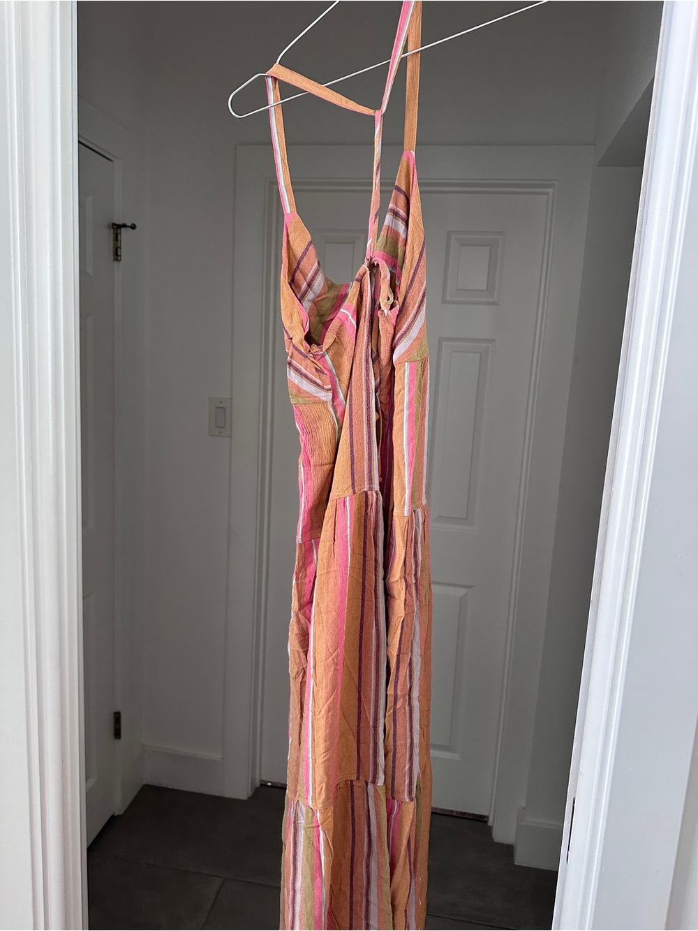 Prana Striped Pink and Orange Tiered Maxi Dress with Spaghetti Straps - Picture 2 of 9